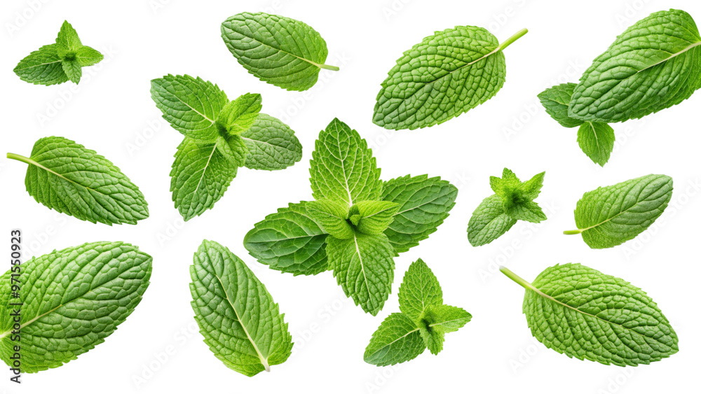 Mint leaves on transparent white background for graphic use Mint leaves on transparent white background for graphic use