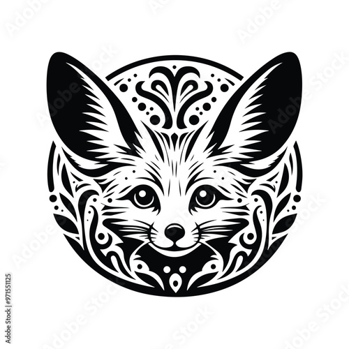 Fennec fox in folk art black and white silhouette illustration