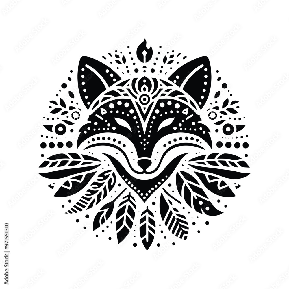Obraz premium Fox in bohemian black and white silhouette illustration