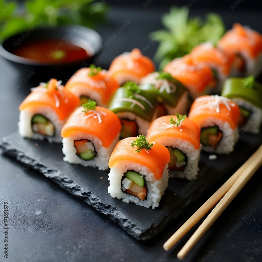 Colorful Sushi Platter with Salmon Rolls