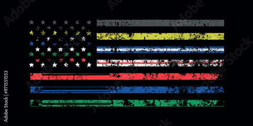 American distressed flag vector grunge effect fast rendering on black background, police, firefighter, ems, nurse, doctor 