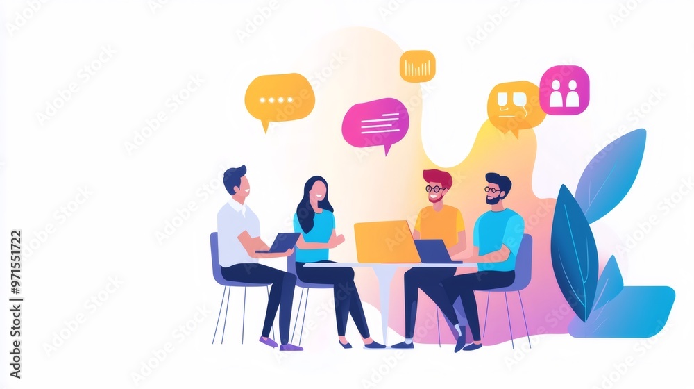 Four people sitting at a table with laptops and discussing something. Four people sitting at a table with laptops and discussing something.