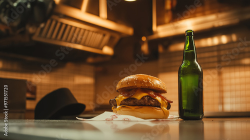 Classic cheeseburger with bacon and a bottle of beer in a cozy diner setting photo