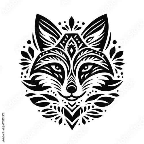 Fox in folk art black and white silhouette illustration