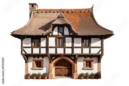 Medieval house, full body view, centered isolation against a pristine white background, high-quality stock photo, architectural details highlighted, shadow cast for depth, terracotta tones