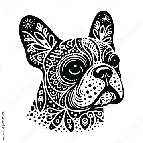 French Bulldog in bohemian black and white silhouette illustration
