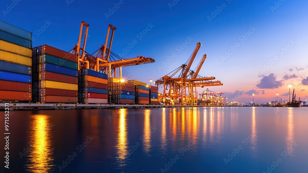 A vibrant sunset over a busy shipping port with towering cranes and colorful containers reflected in calm water. A vibrant sunset over a busy shipping port with towering cranes and colorful containers reflected in calm water.