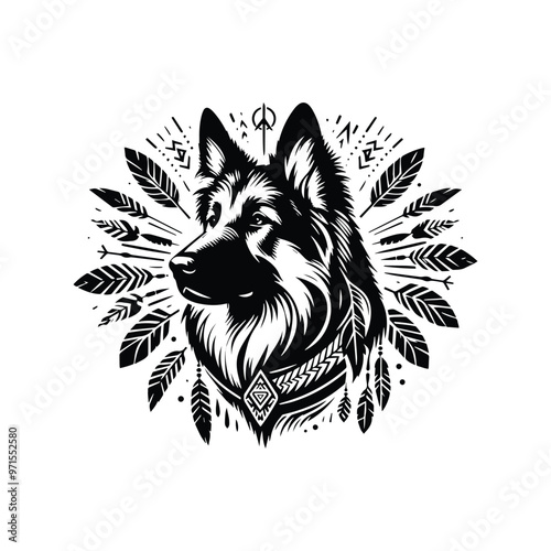 German Shepherd dog in bohemian black and white silhouette illustration