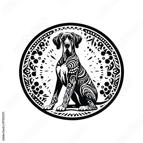 Great Dane dog in bohemian black and white silhouette illustration