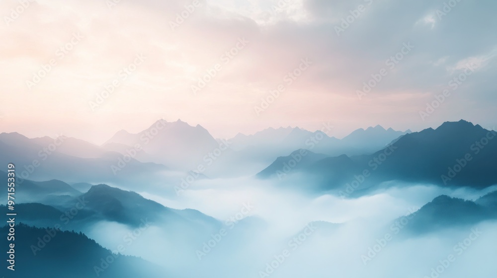 Misty Mountain Range at Sunrise with Pink and Blue Hues Misty Mountain Range at Sunrise with Pink and Blue Hues