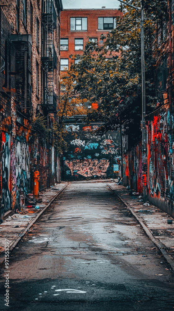 Fototapeta premium Urban alleyway with vibrant graffiti art and moody atmosphere