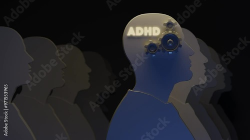 Conceptual video that shows ADHD Attention-Deficit Hyperactivity Disorder having person among others. Spinning gears symbolize thinking.

3D animation photo