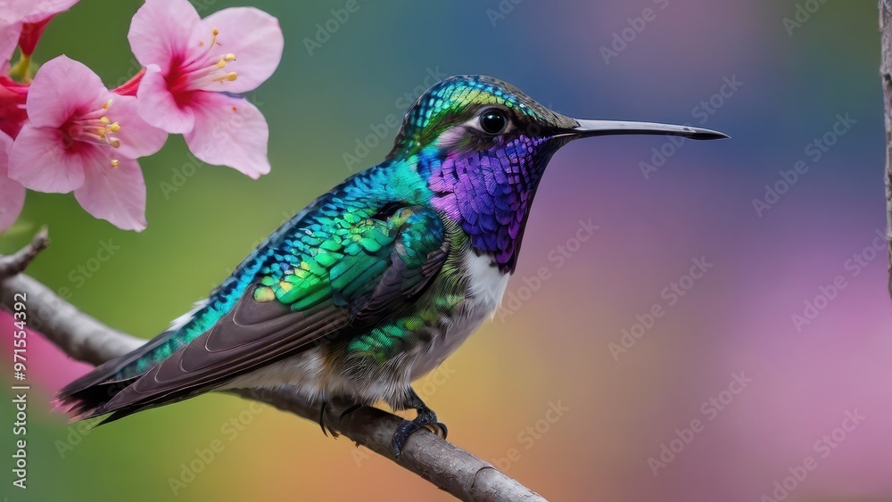 Fototapeta premium A vibrant hummingbird perched on a branch near blooming flowers.