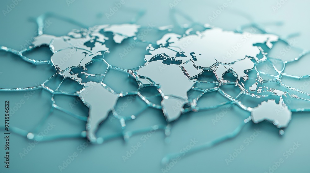 Cracked Global Map with Broken Arrows: A world map made of fragile glass, with arrows pointing outward from various countries Cracked Global Map with Broken Arrows: A world map made of fragile glass, with arrows pointing outward from various countries