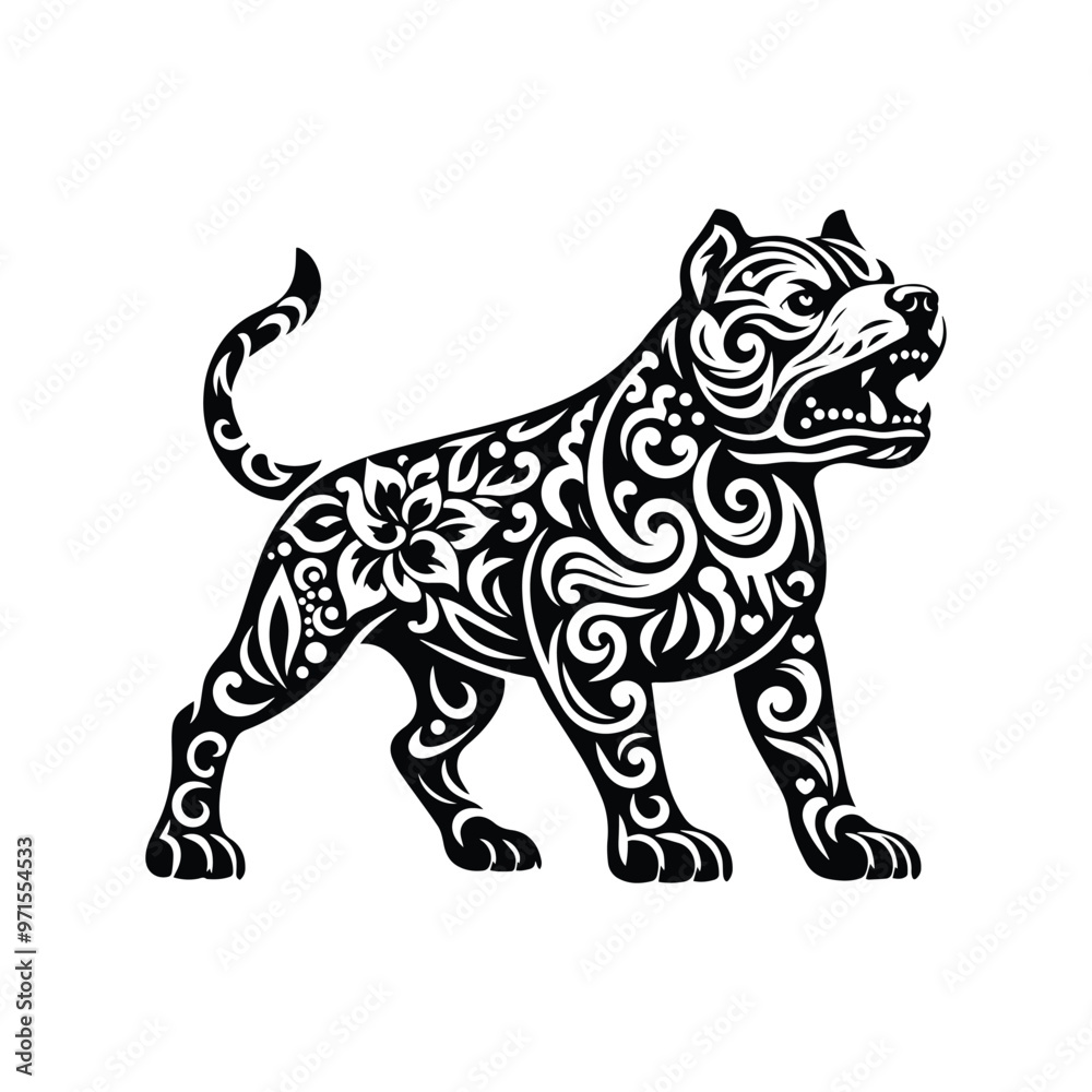 Obraz premium pitbull dog in folk art black and white silhouette illustration