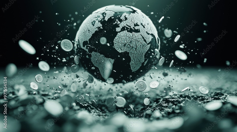 Cracked Globe and Falling Coins: A globe with deep cracks running across its surface, with coins and financial symbols falling out into a void below Cracked Globe and Falling Coins: A globe with deep cracks running across its surface, with coins and financial symbols falling out into a void below