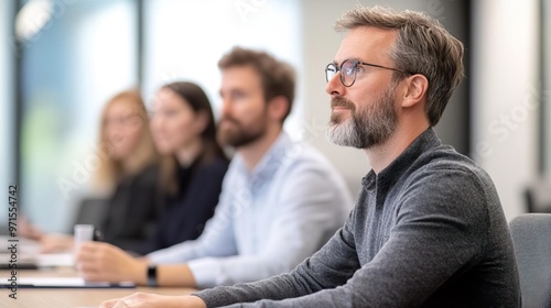 Business professionals attentively listening in a meeting.