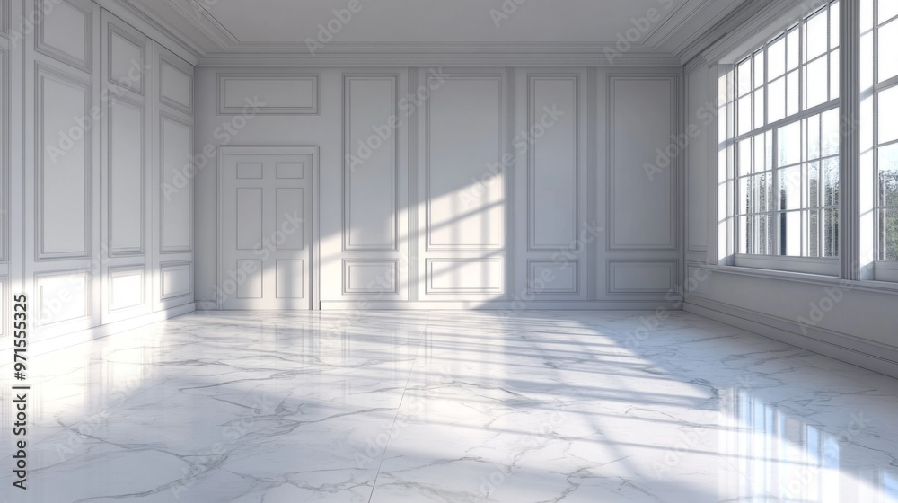 Empty room, white marble floor, white walls, generative ai Empty room, white marble floor, white walls, generative ai
