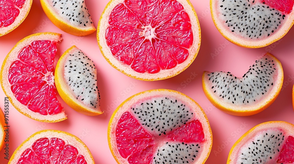 Grapefruit and Dragon Fruit on Soft Coral Background Grapefruit and Dragon Fruit on Soft Coral Background
