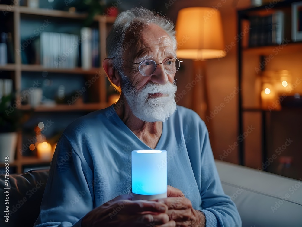Senior Man Using Assistant for Independent Living and Healthcare Monitoring Senior Man Using Assistant for Independent Living and Healthcare Monitoring