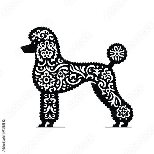 Poodle dog in folk art black and white silhouette illustration