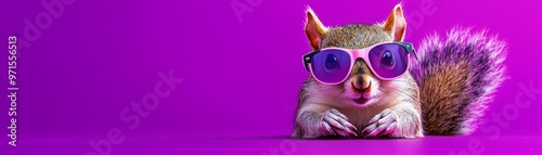 A playful squirrel wearing tiny sunglasses on a vibrant purple background