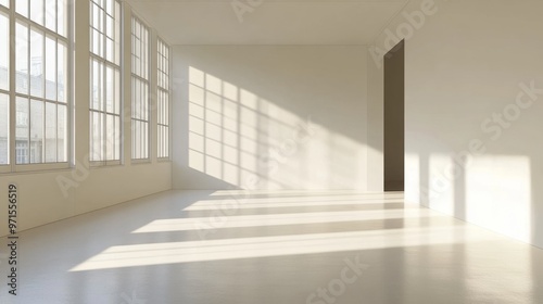 Empty room, white walls and floor, bright natural light, generative ai