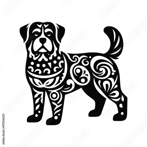 Rottweiler dog in folk art black and white silhouette illustration