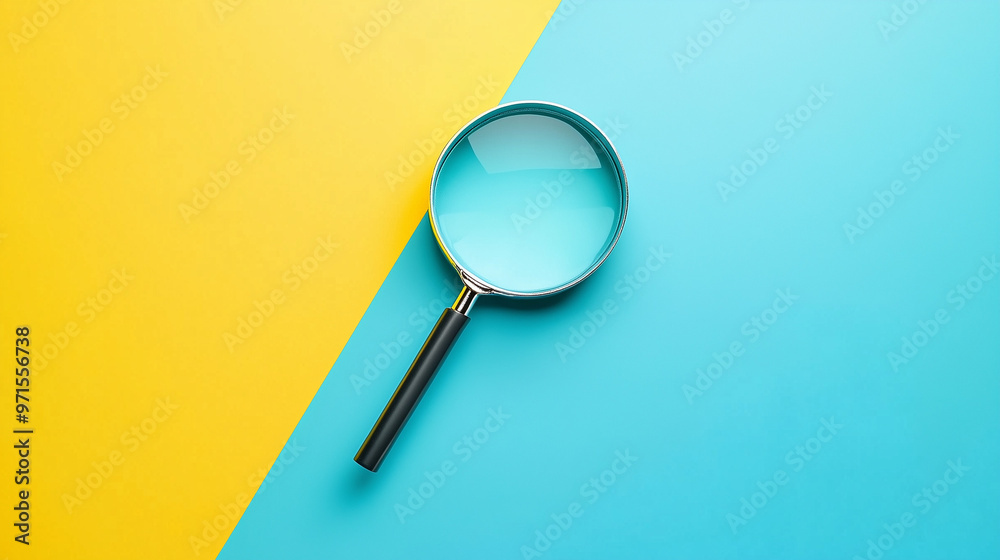 Black-handled magnifying glass on a yellow and blue abstract background Black-handled magnifying glass on a yellow and blue abstract background