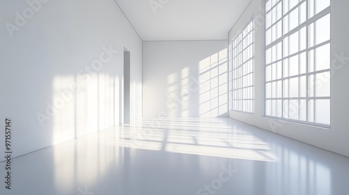 Empty room, white walls and floor, bright natural light, generative ai