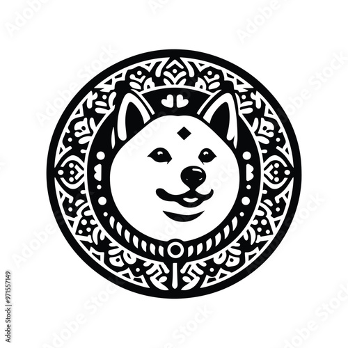 shiba dog in folk art black and white silhouette illustration