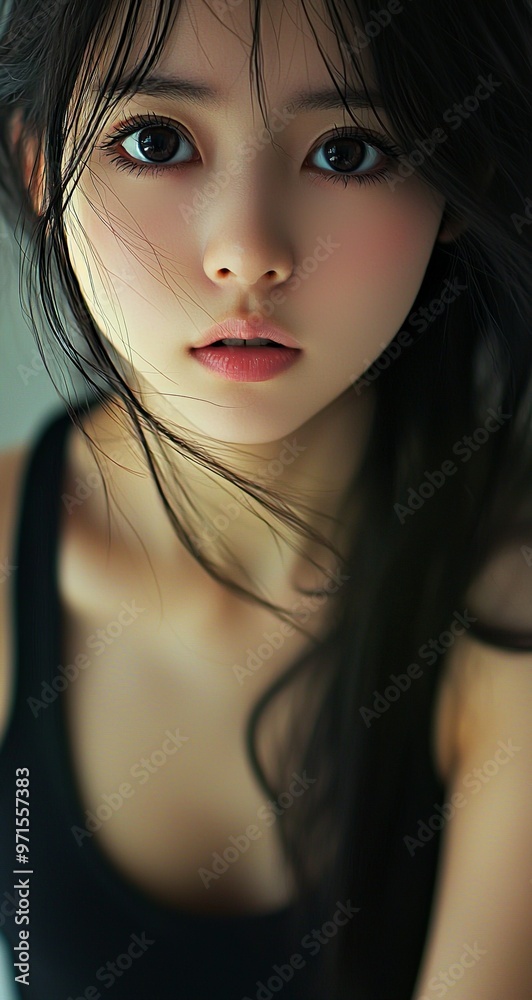A beautiful Japanese girl, wearing a black tank top, has big eyes, a round face shape, double eyelids, and full lips. She has long hair, and this is a close-up photograph of her upper body. A beautiful Japanese girl, wearing a black tank top, has big eyes, a round face shape, double eyelids, and full lips. She has long hair, and this is a close-up photograph of her upper body.