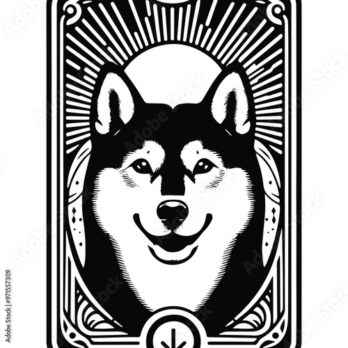 shiba dog in Tarot card black and white silhouette illustration