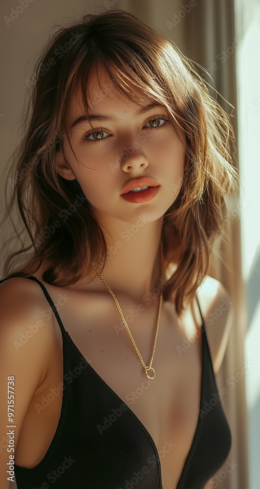 A beautiful woman with brown hair, wearing a black halter dress and a gold necklace. A beautiful woman with brown hair, wearing a black halter dress and a gold necklace.
