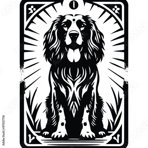 Spaniel dog in Tarot card black and white silhouette illustration
