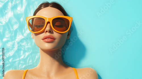 Relaxing by pool, woman in oversized orange sunglasses enjoys sun, embodying beach fashion with trendy bikini. vibrant blue water enhances serene atmosphere