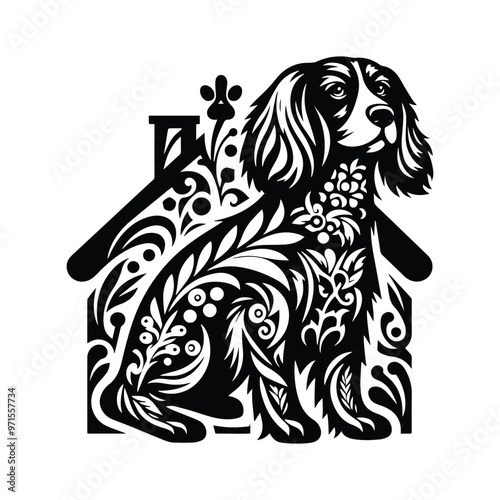 Spaniel dog in folk art black and white silhouette illustration
