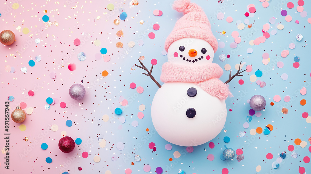 Snowman with pink winter hat and scarf laying on colorful background with festive decorations Snowman with pink winter hat and scarf laying on colorful background with festive decorations