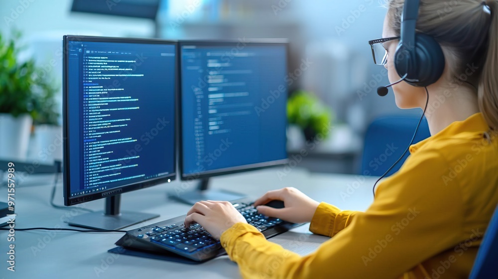 Focused female programmer working on code with headphones and dual monitors. Focused female programmer working on code with headphones and dual monitors.