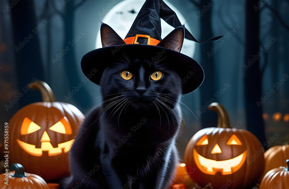 Halloween style with a black cat in a witch's hat and jack-o'-lanterns
