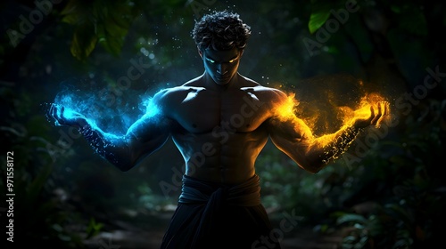 Powerful Man With Blue And Yellow Flames In Hands