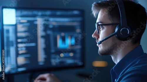 Focused female programmer working on code with headphones and dual monitors.