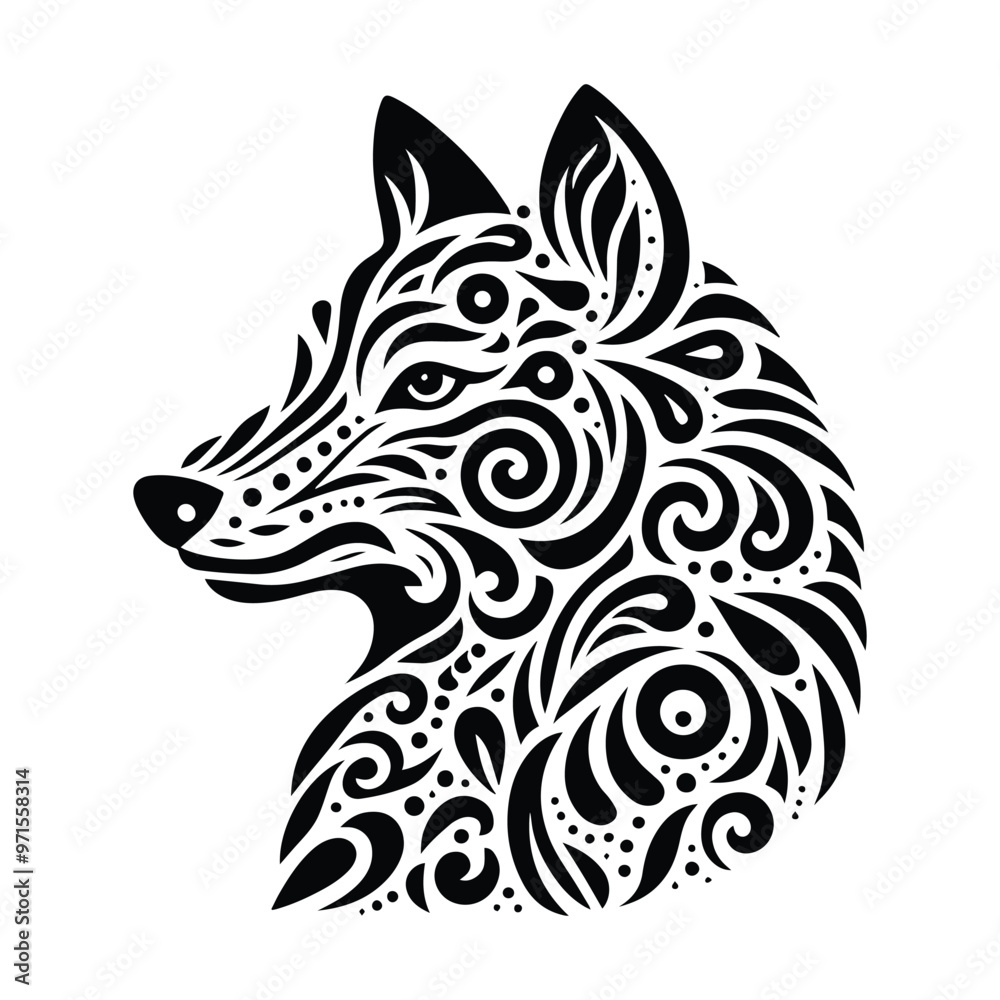 Wolf in folk art black and white silhouette illustration Wolf in folk art black and white silhouette illustration