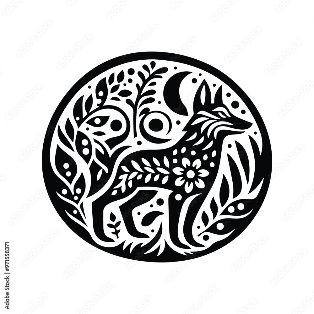 Wolf in folk art black and white silhouette illustration Wolf in folk art black and white silhouette illustration