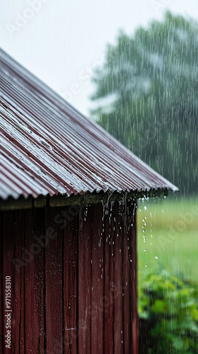 Raindrops pitter patter on rustic barn roof, creating serene atmosphere photo