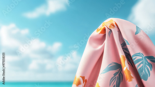 A vibrant close up of summer beachwear featuring floral prints against bright blue sky, evoking sense of relaxation and joy photo