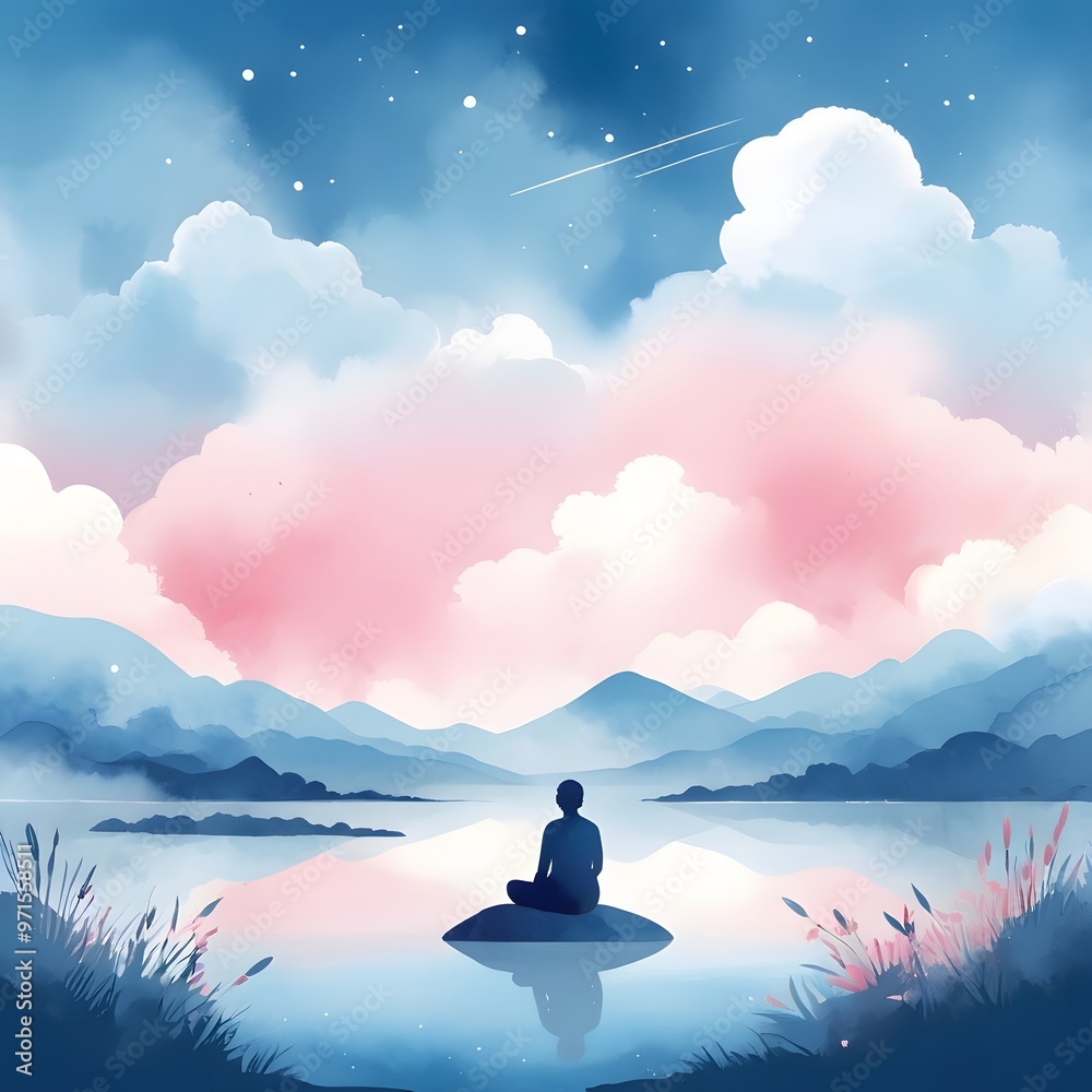 A serene and minimalist landscape, with a soft sky in shades of blue and pink, dotted with delicate clouds. A serene and minimalist landscape, with a soft sky in shades of blue and pink, dotted with delicate clouds.