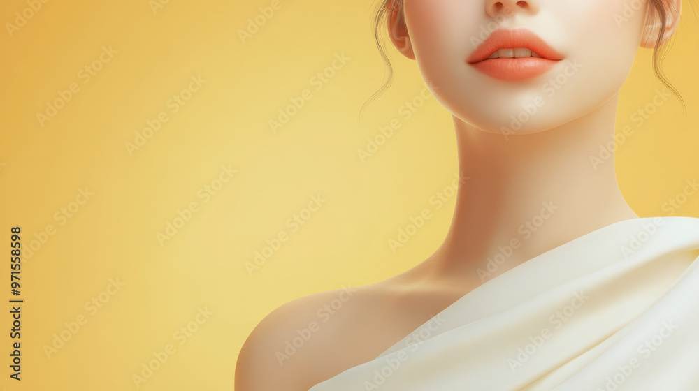 Elegant woman with graceful smile, showcasing soft expression against warm yellow background. simplicity of her attire enhances her beauty and charm Elegant woman with graceful smile, showcasing soft expression against warm yellow background. simplicity of her attire enhances her beauty and charm