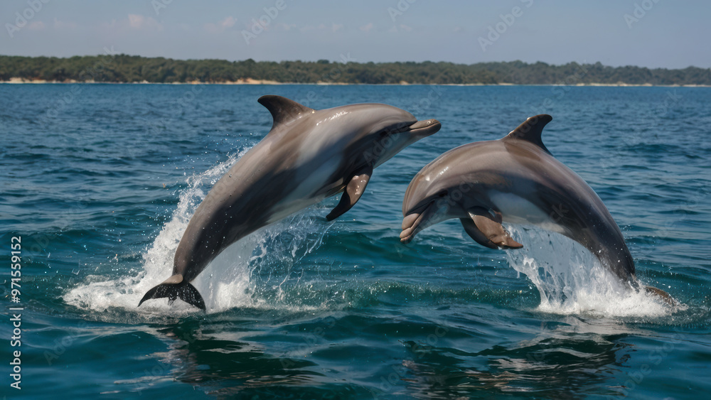 Naklejka premium A group of dolphin jumping out of water creating a spray of water droplets.