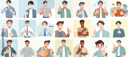  vector set of guys expressing their thumbs up with a flat design style, white background, and simple minimalist design